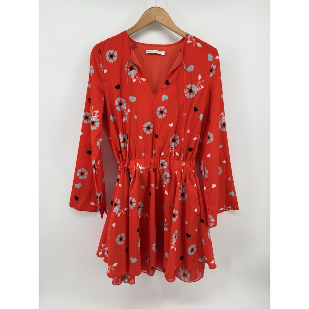 by Egreis Floral Long Sleeve Mini Dress Sz M Empire Waist Bell Sleeve Flirty